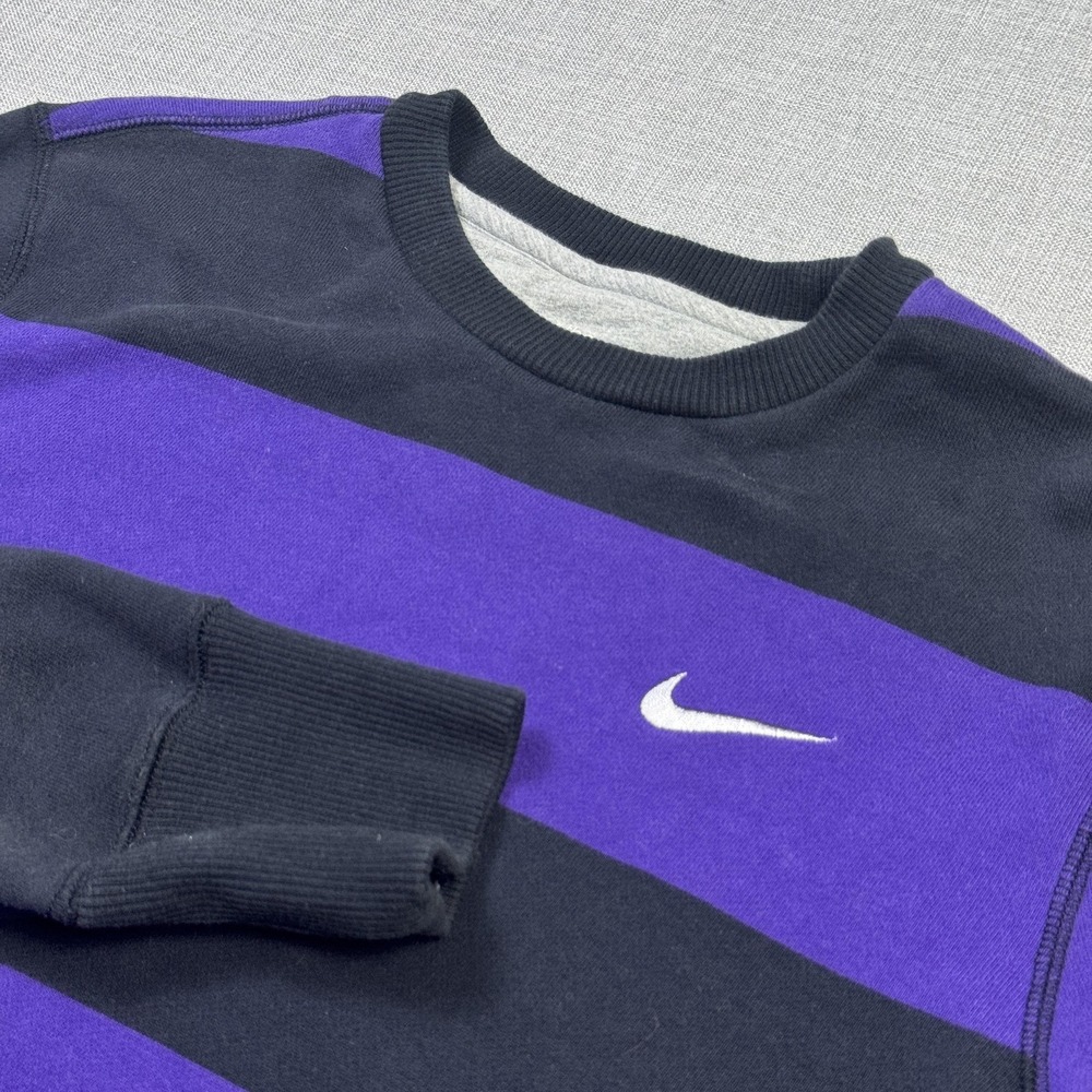 Nike Striped Fleece Sweatshirt Mens S Black Purple Pullover Embroidered Swoosh